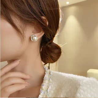 【Golicc】耳環 鑲鑽 雙圈 珍珠(母親節 生日 情人節 飾品 耳飾 耳墜 禮物)