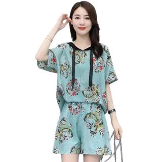 【AMIE 艾米韓系】連帽休閒印花睡衣居家服(現貨 涼感 二件套 輕薄 短袖 共2色)