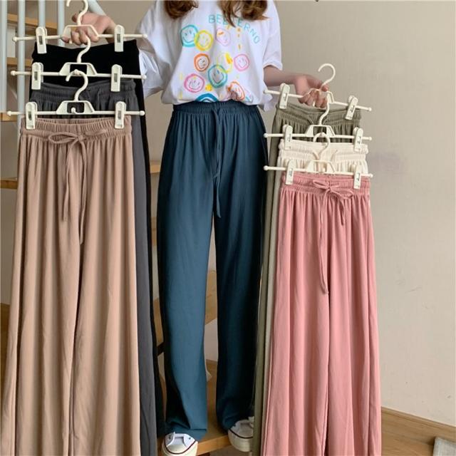 【D.studio】韓版冰絲高腰百搭寬鬆直筒長褲(寬褲 褲子 長褲 休閒褲 女裝 涼感褲女 透氣長褲 P180)