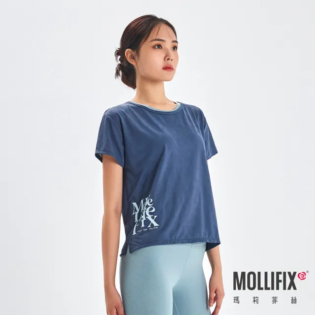 【Mollifix 瑪莉菲絲】後背鏤空透氣緹花短袖訓練上衣、瑜珈上衣、瑜珈服(深霧藍)