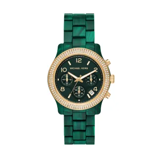【Michael Kors 官方直營】Runway 翠麗環鑽三眼女錶 綠色樹脂錶帶 手錶 38MM MK7422