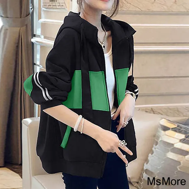 【MsMore】黑色休閒外套爆款流行連帽棒球服長袖夾克短版上衣#119273(黑)