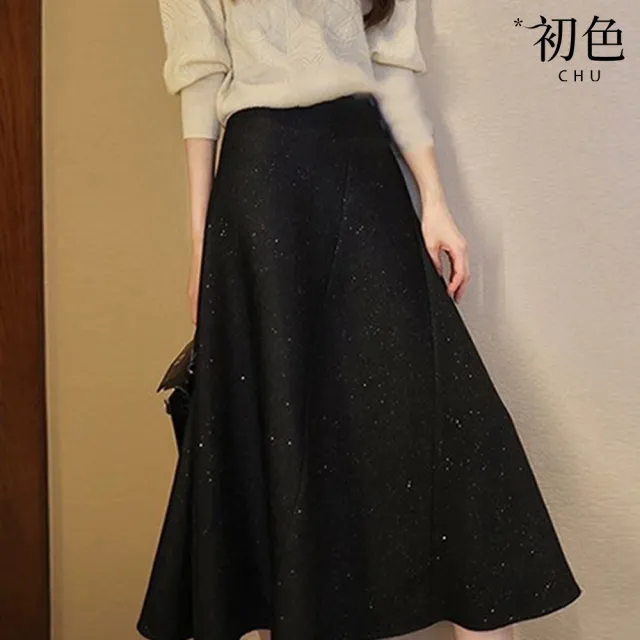【初色】高腰赫本風A字半身裙大擺中長裙-黑色-31024(M-2XL可選)