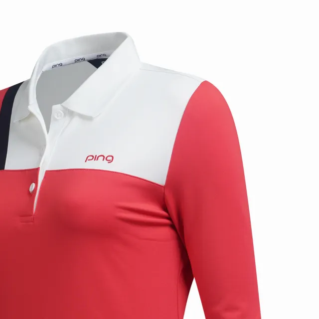 【PING】女款單邊三色長袖POLO衫-紅(吸濕排汗/蓄熱保溫/GOLF/高爾夫球衫/RA21206-18)