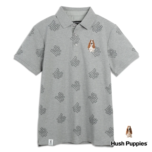 【Hush Puppies】男裝 POLO衫 HP滿版印花刺繡狗POLO衫(麻灰/34101104)