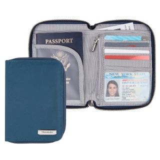 【Travelon】對開拉鍊護照包 海藍(RFID防盜 護照保護套 護照包 多功能收納包)