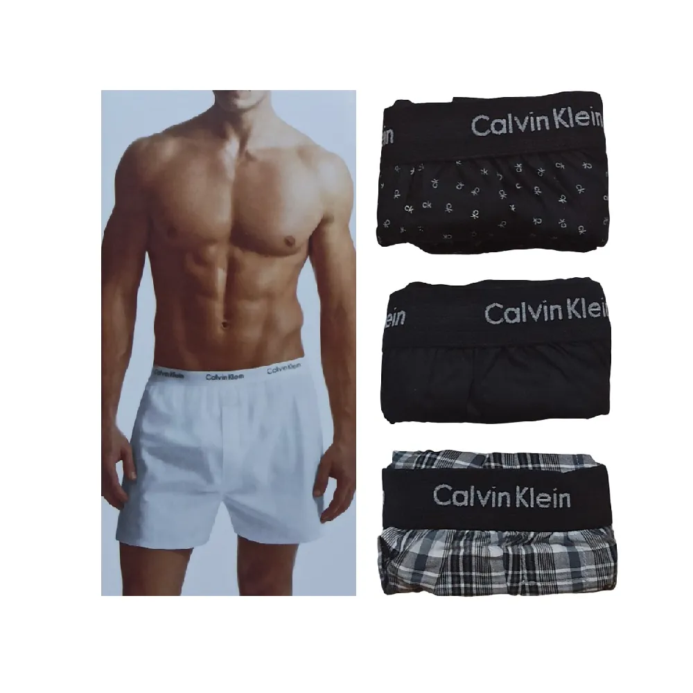 【Calvin Klein 凱文克萊】3件組 男純棉平織平口褲 CK男內褲(寬鬆內褲 棉質內褲 四角褲 透氣 男生內褲)