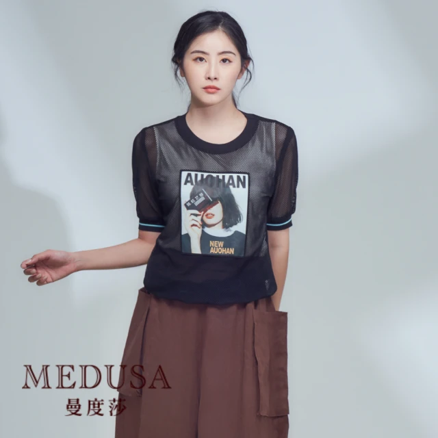 MEDUSA 曼度莎 現貨-網布透膚燙圖Tee（M-2L）｜女短袖上衣 休閒上衣(101-79101)