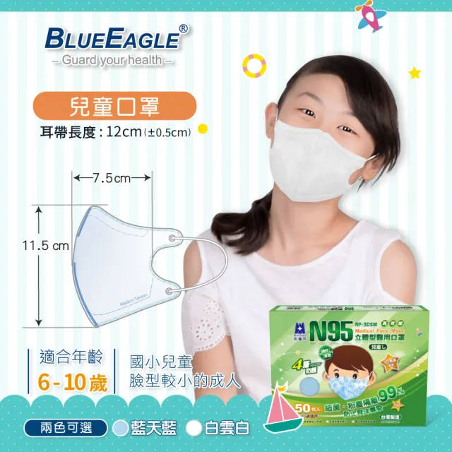 【藍鷹牌】N95立體型2-6歲幼童醫用口罩 50片x2盒(藍天藍/白雲白)