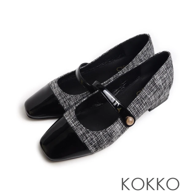 KOKKO 集團 復古優雅小方頭雙繫帶粗跟瑪莉珍鞋(黑色) 
