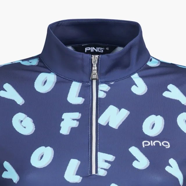 【PING】女款滿版文字立領長袖POLO衫-深藍(吸濕排汗/抗UV/GOLF/高爾夫球衫/RA21215-58)