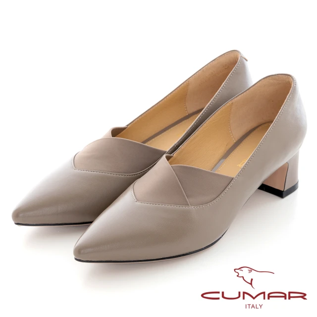 CUMAR 簡約尖頭異材質拼接彈性帶深口粗跟鞋(卡其色)好評