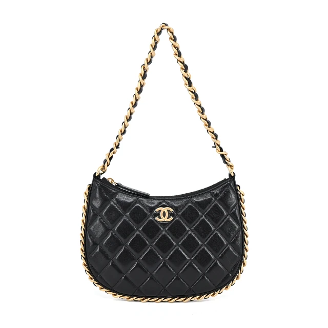 CHANEL 香奈兒 Hobo Bag經典雙C LOGO菱格紋小羊皮小號手提/肩背包(黑色)