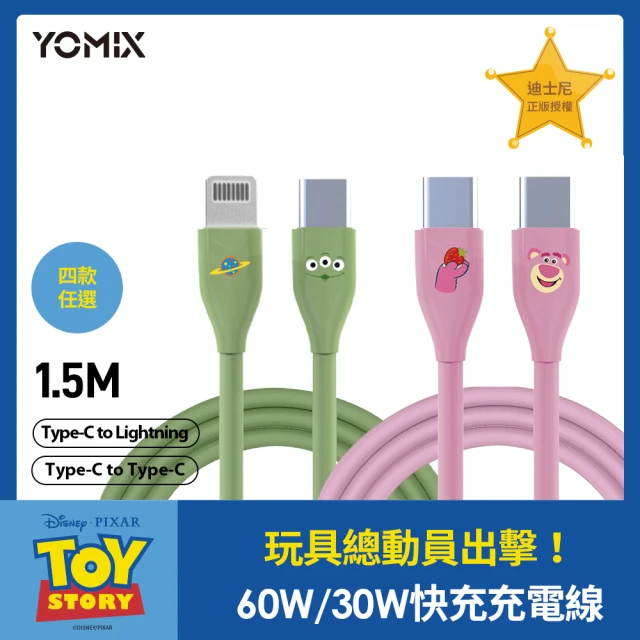 YOMIX 優迷 2入組-迪士尼玩具總動員C to C 60W/C to L 30W充電線(PD快充/三眼怪/熊抱哥/支援i15快充)