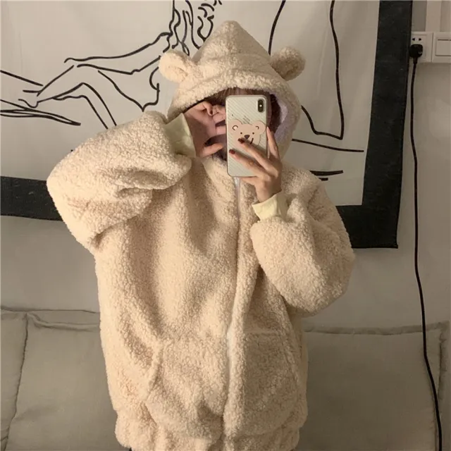 【D.studio】韓版甜美可愛毛絨小熊耳朵長袖外套(毛絨外套 百搭外套 上衣 女裝 衣服 外套 J136)