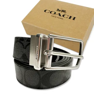 【COACH】C LOGO銀色針釦男款皮帶禮盒(黑灰)