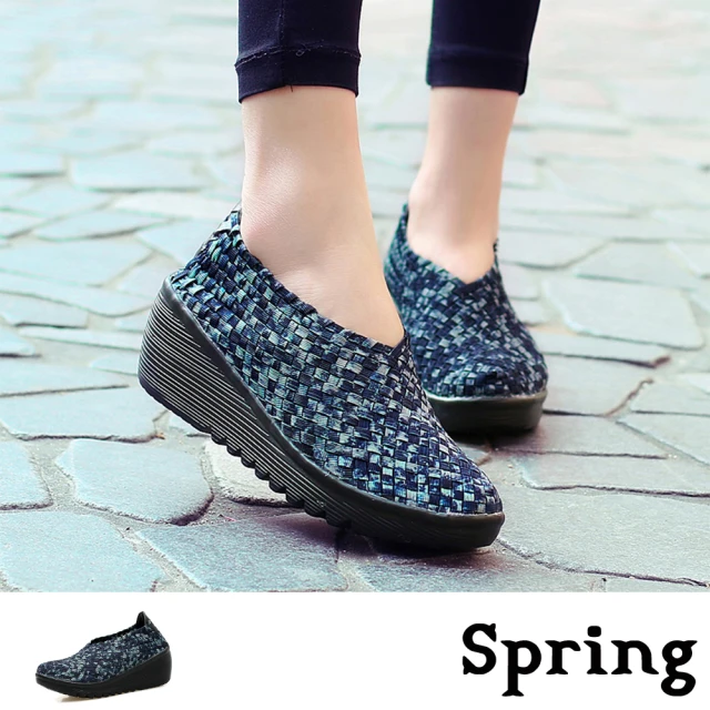 【SPRING】坡跟休閒鞋/繽紛彩染飛織帶坡跟時尚休閒鞋(藍)