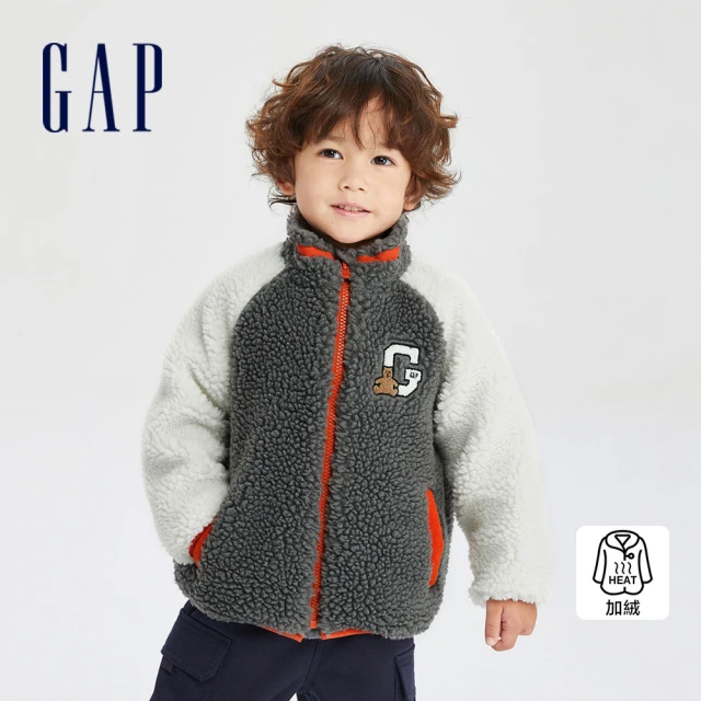 GAPGAP 男幼童裝 Logo小熊刺繡仿羊羔絨立領長袖外套-深灰色(786539)