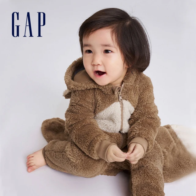 GAPGAP 嬰兒裝 造型連帽長袖包屁衣/連身衣 抱抱絨系列-深棕色(788581)