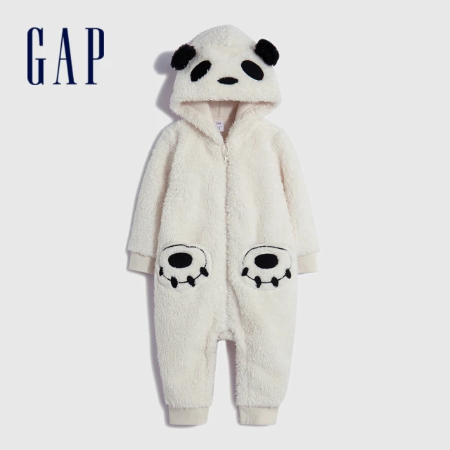 GAP 嬰兒裝 造型連帽長袖包屁衣/連身衣 抱抱絨系列-白色(788581)