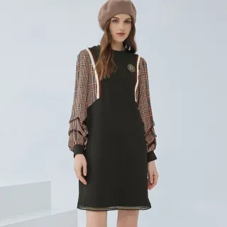 【ILEY 伊蕾】復古格紋休閒感皺褶袖洋裝(黑色；M-XL；1233367402)