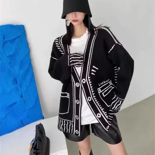 【巴黎精品】現貨+預購 毛衣外套長袖針織衫(繪畫塗鴉寬鬆V領女外套2色a1dh13)