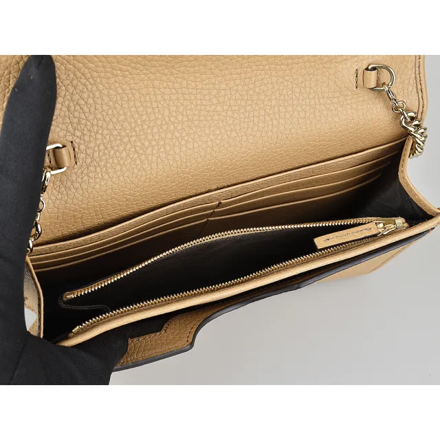 【GUCCI 古馳】GUCCI SOHO雙G LOGO牛皮6卡釦式斜背包(駝)