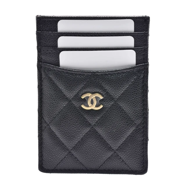 CHANEL 香奈兒 經典雙C LOGO菱格粒紋牛皮金釦萬用直立信用卡夾(黑色AP3595C-BLK-GP)