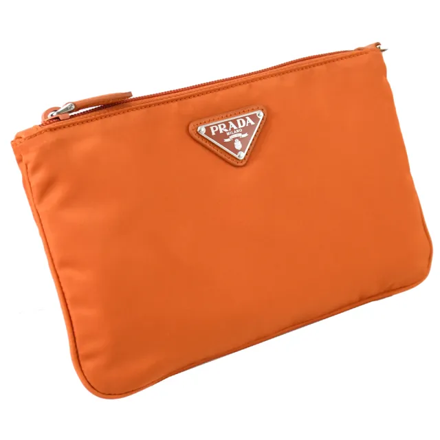 【PRADA 普拉達】經典三角LOGO尼龍大手拿包手提包萬用包(木瓜橘)
