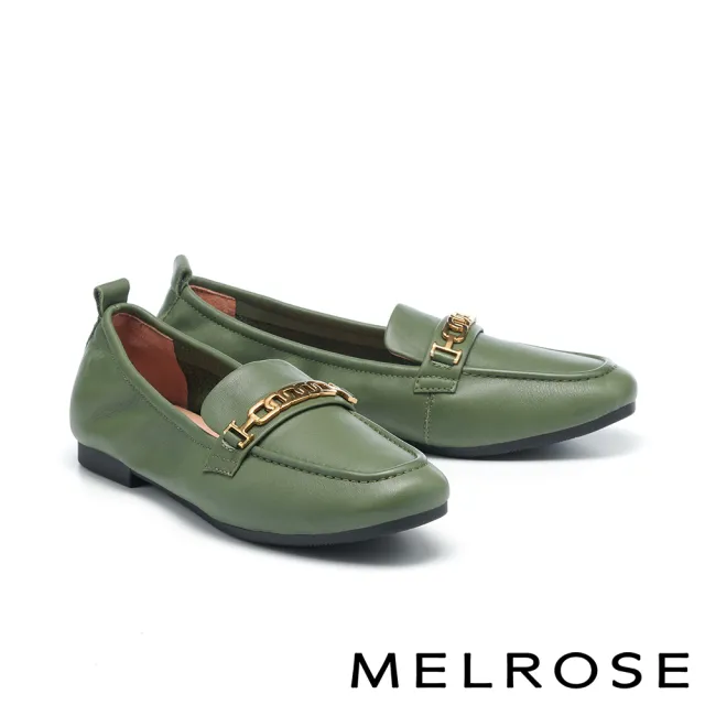 【MELROSE】美樂斯 懷舊時尚鍊條水染牛皮樂福方頭低跟鞋(綠)