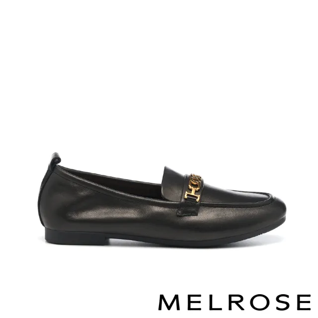 【MELROSE】美樂斯 懷舊時尚鍊條水染牛皮樂福方頭低跟鞋(黑)