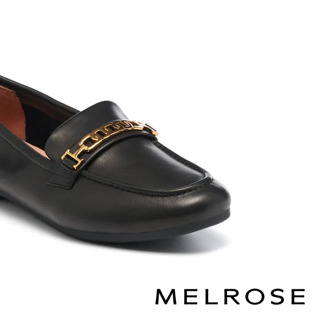 【MELROSE】美樂斯 懷舊時尚鍊條水染牛皮樂福方頭低跟鞋(黑)