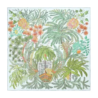 【Hermes 愛馬仕】Le Jardin des Peintres 90 cm手工捲邊斜紋真絲雙面方巾(白/綠/深橘)