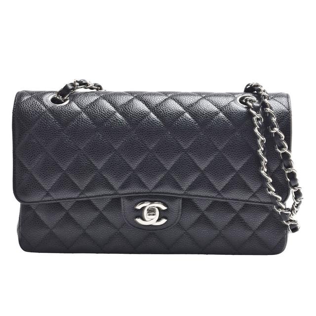 【CHANEL 香奈兒】經典COCO菱格粒紋牛皮轉釦銀鍊轉釦肩背包(25cm黑色A01112C-BLK-SS)