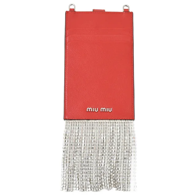 【MIU MIU】簡約LOGO水鑽流蘇裝飾小牛皮手機包斜背包(紅)