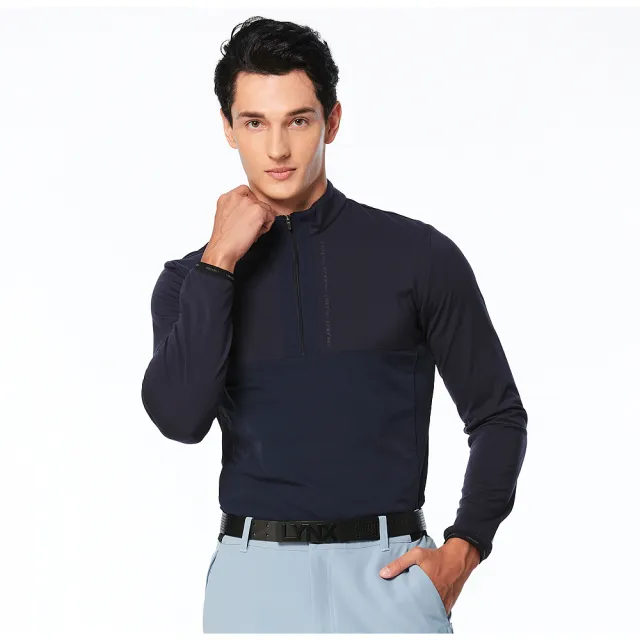 【Lynx Golf】首爾高桿風格！男款合身版保暖舒適內磨毛材質上下身配布造型剪裁長袖立領POLO衫(二色)