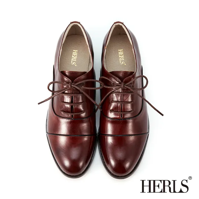 【HERLS】牛津鞋-光澤全真皮配色滾邊橢圓頭低跟牛津鞋(酒紅色)