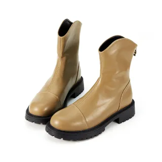 【HERLS】厚底靴-個性V口後拉鍊圓頭中筒厚底靴(墨綠色)