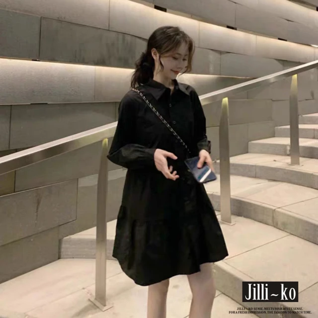 【JILLI-KO】設計感蛋糕拼接A字襯衫連衣裙-F(黑/白)