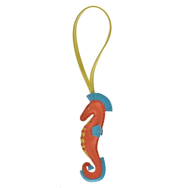 【Hermes 愛馬仕】海馬造型拼色小羊皮鑰匙圈/吊飾(橘色H084738CA-ORG)