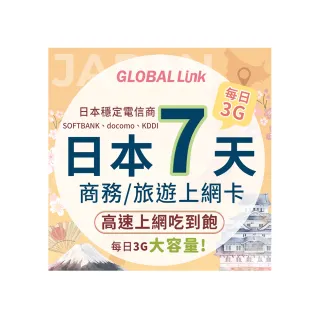 【GLOBAL LINK 全球通】日本7天上網卡 每日3GB 過量降速吃到飽 4G網速(日本穩定電信商 即插即用)