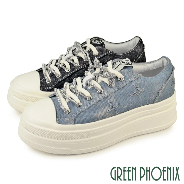 【GREEN PHOENIX 波兒德】女鞋 休閒鞋 帆布鞋 休閒靴 綁帶 輕量厚底 鬆糕 丹寧 牛仔(藍色、黑色)