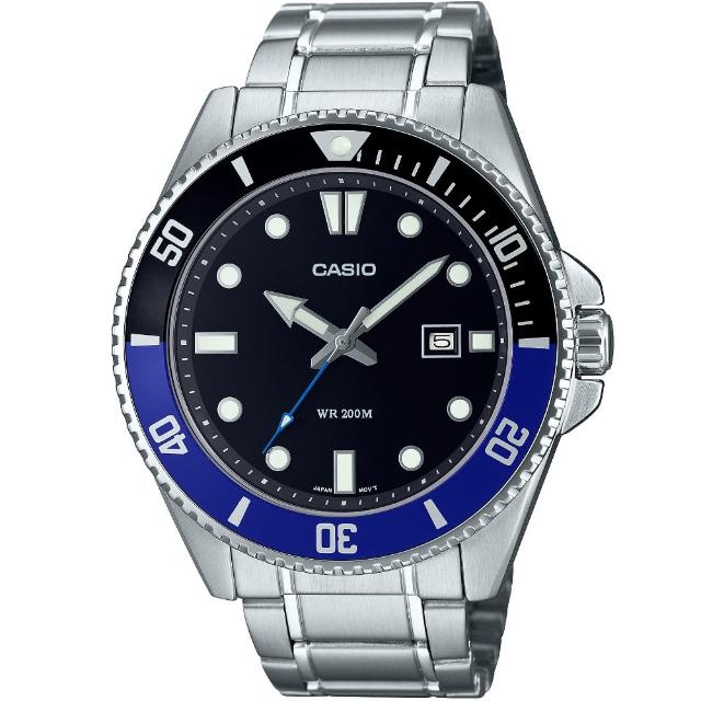 【CASIO 卡西歐】卡西歐運動鋼帶錶-藍黑水鬼(MDV-107D-1A2 台灣公司貨)
