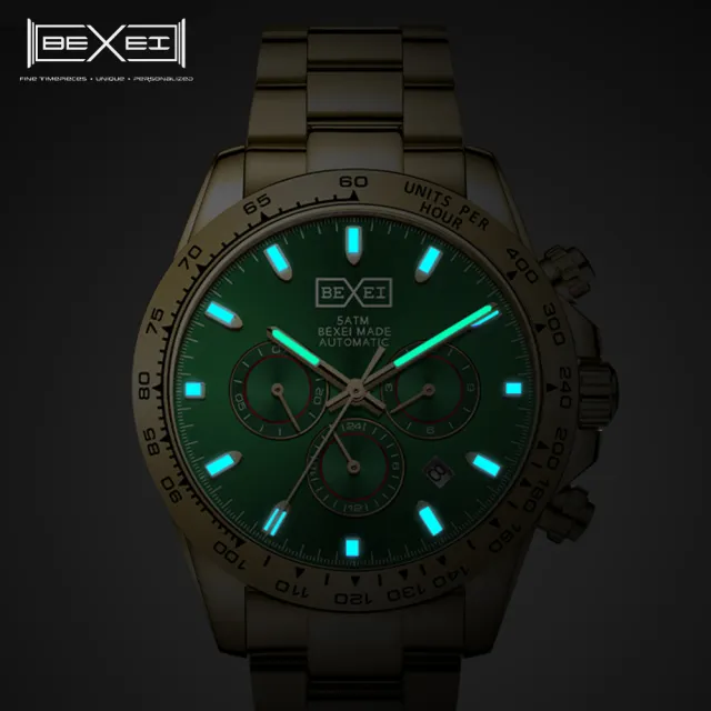 【BEXEI】貝克斯 海洋之心系列 金綠鋼三眼太陽紋錶盤機械錶9158(316精鋼藍寶石水晶鏡面)
