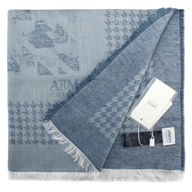 【ARMANI COLLEZIONI】千鳥紋混紡寬版流蘇披肩圍巾(藍色)