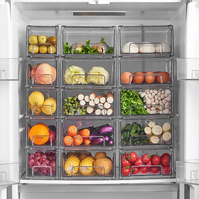 PET食品級材質抽屜式冰箱收納盒 可疊加自組式食材分類盒(中號1入)