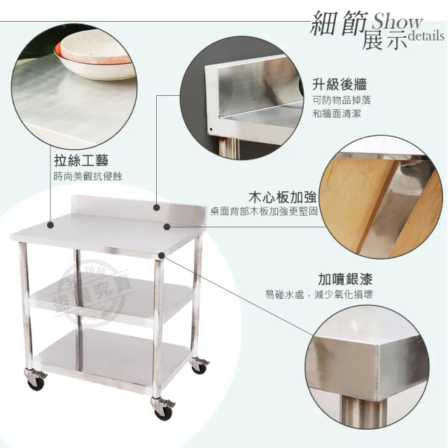 【Abis】客製商品-豪華升級版加牆款三層430不鏽鋼桌-附煞車輪/料理桌/工作桌/工作台/流理台(72X56CM)