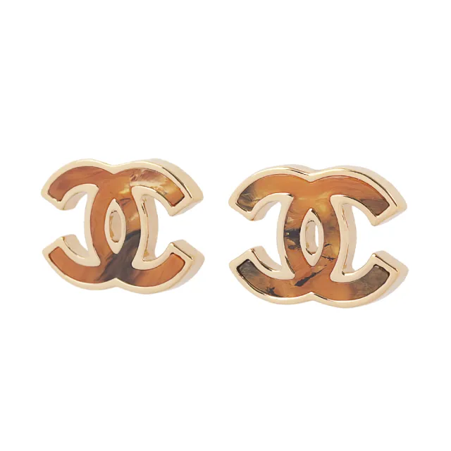 【CHANEL 香奈兒】大CC Logo 樹脂琥珀紋耳環(金色)