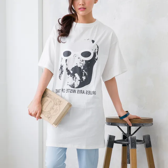 【良池】冰絲棉寬鬆圓領連衣裙長版上衣(美式印花中長款洋裝棉麻)