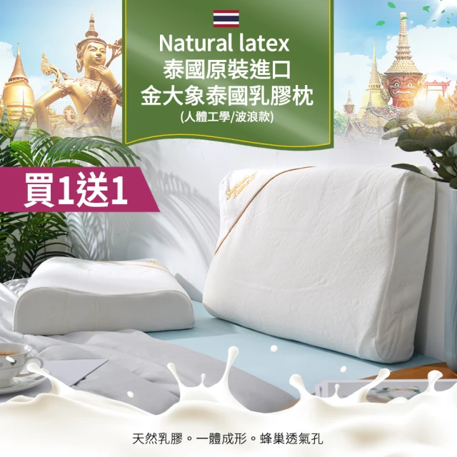 Natural latex 買1送1 泰國原裝進口金大象泰國乳膠枕(人體工學/波浪款/Q彈支撐/釋壓舒眠)